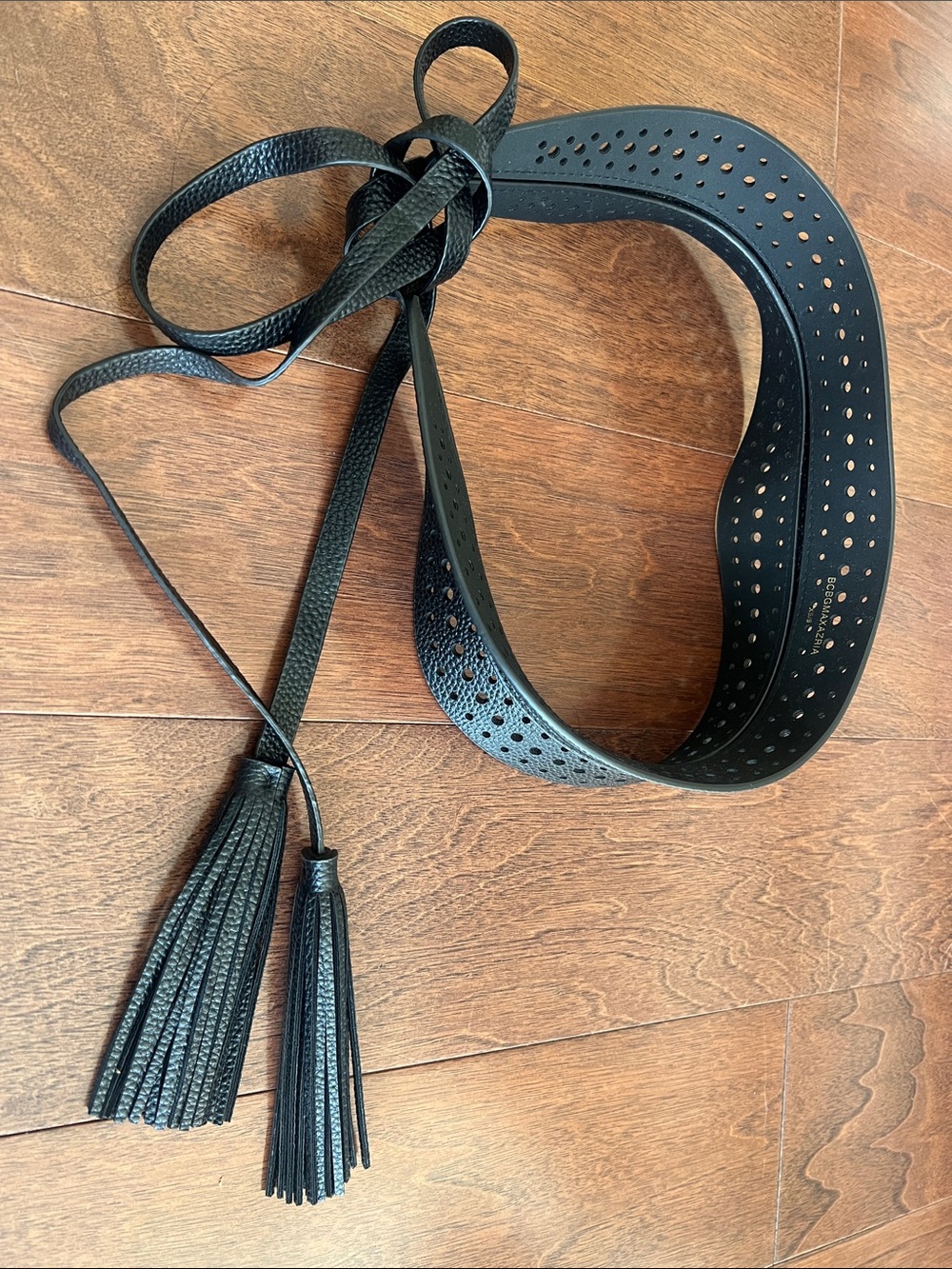 NWOT BCBGMAXAZRIA Black Perforated Leather Fringe Wrap Belt